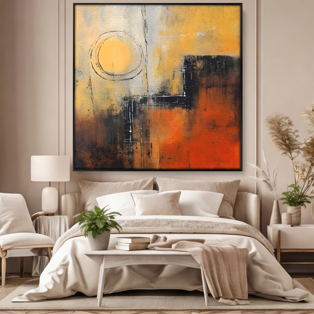 Tablou canvas cu pictura abstracta cu cerc galben, in rama de aluminiu negru, pe perete intr-un dormitor